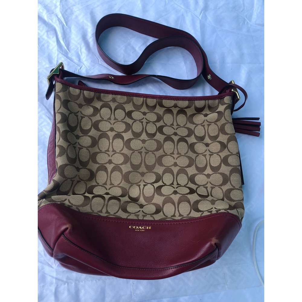 Coach Signature Berry Pink Shoulder Bag leather canvas Tassel monogram purse